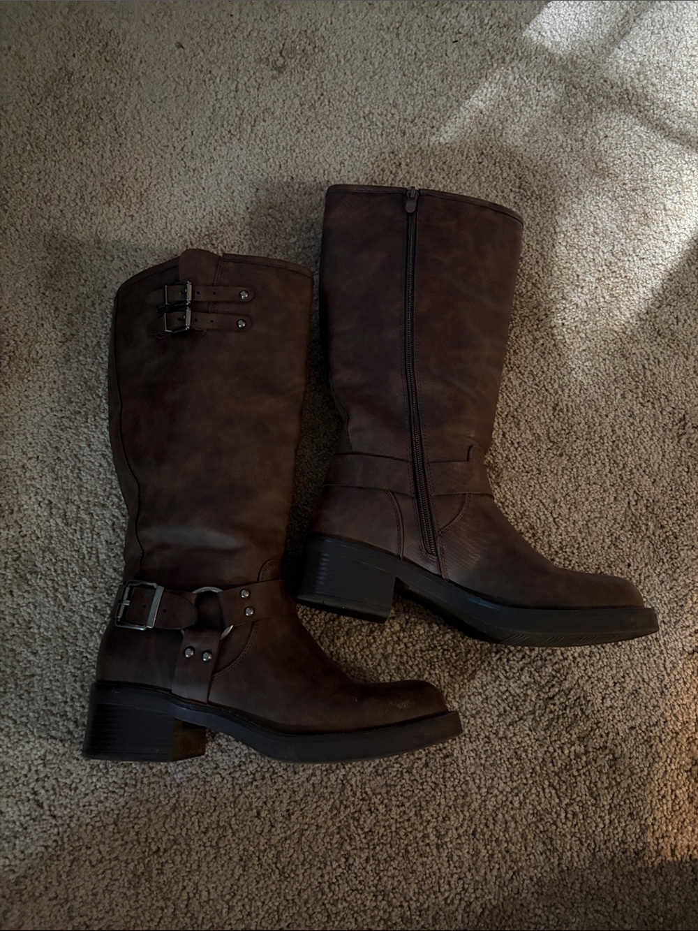 Dark Brown Moto Mid-Calf Buckle and Harness Heeled Boots
